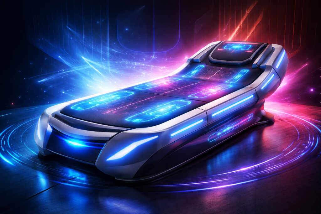 Tesla MedBed X wellness mat with red and blue lights